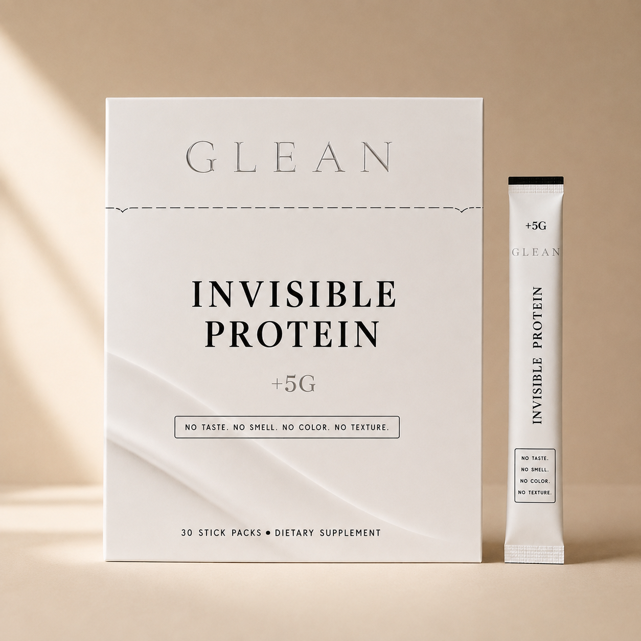 A Glean stick pack of clear protein pouring into a cup of coffee